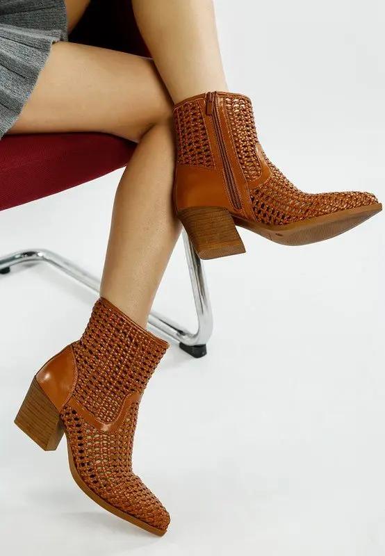 Artisole Woven Pleather Block Heel Boots for Stylish Comfort - Love Salve
